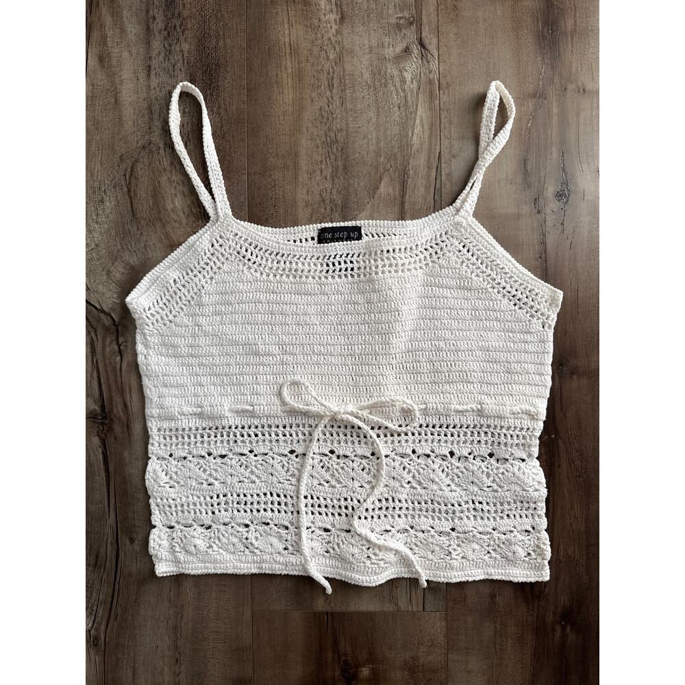 Vintage One Step Up White Crochet Knit Crop Cami Top Size L (Fits like a Small)